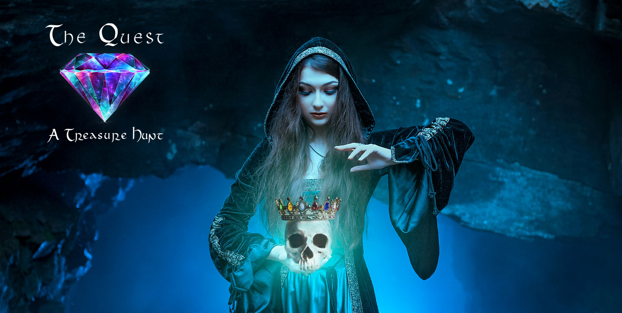 web-woman-with-skull-and-logo Fantasy image of hooded woman with glowing skull wearing a crown with the 6 jewels of the 6 realms