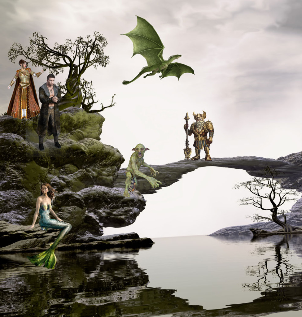 web-combo-creatures-cropped Image with creatures of the 6 realms: Elves, humans, dragons, goblins, dwarfs, and mermaids